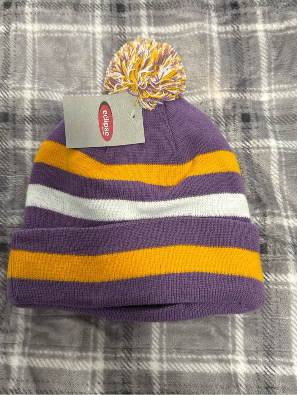 Eclipse Purple, Gold & White Pom Knit Beanie
